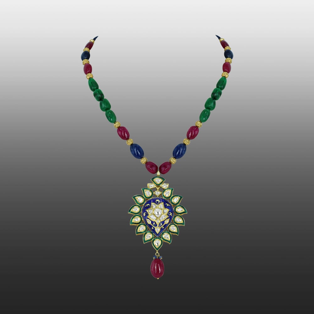 Gemstone Bead Necklace with Polki Meenakari Pendant and Ruby Drop